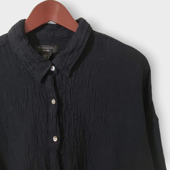 Tahari 100% Linen Crinkled Texture Black Button Up Shirt Sz XL Goth Neutral Core - Picture 2 of 11